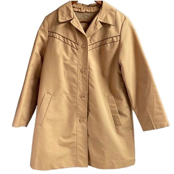 Ladies Coat Button Up Tan Jacket,Faux Fur Removeable Lining, Size Large, Vintage - Picture 2 of 7